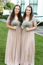 Load image into Gallery viewer, A Line Long Cheap Chiffon V Neck Beads Sparkly Short Sleeve Bridesmaid Dresses uk PW284