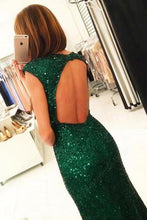 Load image into Gallery viewer, Mermaid Dark Green Open Back Long Cap Sleeves Split-Front Prom Dresses with Sequins RS255