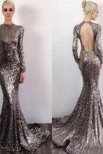 Load image into Gallery viewer, Long Sleeve Sequin Open Back Mermaid Shinny High Neck Floor-Length Prom Dresses RS580