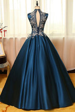 Load image into Gallery viewer, High Neck Sleeveless Appliques Ball Gown Open Back Satin Long Blue Prom Dresses RS234