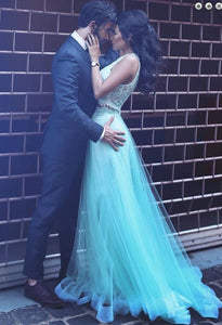 A-Line Two Pieces Sheath Round Neck Blue Tulle Prom Dresses with Lace Sequins Overskirt RS266