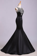 Load image into Gallery viewer, Sexy Black Mermaid Beads High Neck Satin Button Cheap Prom Dresses Party Dress RS173