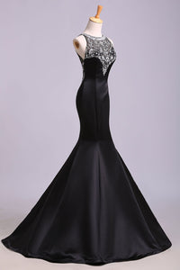 Sexy Black Mermaid Beads High Neck Satin Button Cheap Prom Dresses Party Dress RS173