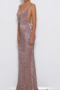 Elegant Mermaid Pink Simple Sexy Spaghetti Straps Sequin V Neck Backless Prom Dresses RS611
