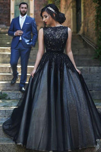 Elegant Round Neck Black Lace Sleeveless Tulle Long Ball Gown Floor-length Prom Dresses RS213