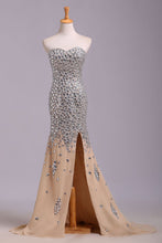 Load image into Gallery viewer, Sexy Mermaid Rhinestone Sweetheart Chiffon Sleeveless Slit Long Prom Dresses RS172