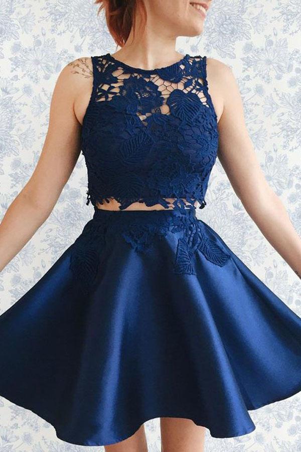 Two Piece Dark Blue Satin Cute Short A-Line Homecoming Dress with Lace Appliques RS130
