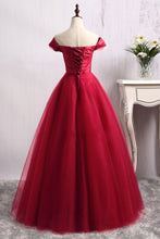 Load image into Gallery viewer, A Line Long Red Tulle Off the Shoulder Lace up Bowknot Floor Length Prom Dresses RS140