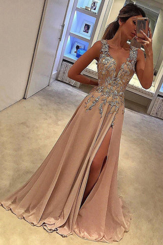 A-line V-neck Satin Brown Sweep Train Appliques Lace with Slit Sleeveless Prom Dresses RS691