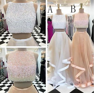 Pretty Two Pieces Beading Tulle Prom Dresses Beads Prom Gowns Cheap Prom Dress RS545