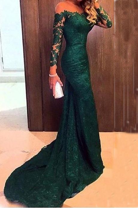 Mermaid Long Sleeves Lace Court Train Green Scoop Prom Dresses RS366