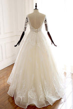 Load image into Gallery viewer, A Line Ivory V Neck Tulle Lace Half Sleeve Organza Long Prom Dresses Wedding Dress RS226