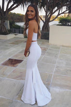 Load image into Gallery viewer, Sexy Two Piece Sweetheart Strapless Long White Satin Slit Mermaid Prom Dresses RS33
