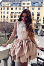 Load image into Gallery viewer, A Line High Neck Long Sleeve Pleats Open Back Satin Short Homecoming Dresses with Lace RS07