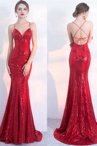 V-Neck Red Mermaid Spaghetti Straps Sparkly Backless Sleeveless Sequins Evening Dresses RS242