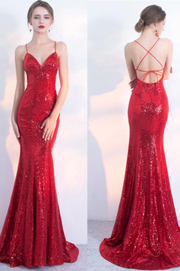 V-Neck Red Mermaid Spaghetti Straps Sparkly Backless Sleeveless Sequins Evening Dresses RS242