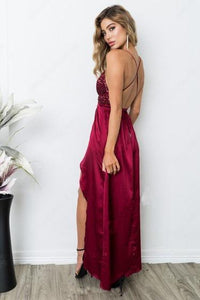 Sheath V-neck Sequined Silk-like Satin Ankle-length Split Front Backless Prom Dresses RS389