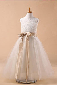 Ball Gown Jewel Sleeveless Bowknot Long Tulle Flower Girl Dresses With Sash GD00009