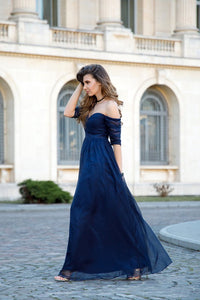 Sexy Off-the-Shoulder Chiffon Half Sleeve Sweetheart Navy Blue Floor Length Prom Dresses RS238