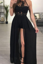 Load image into Gallery viewer, A-line Halter See-through Black Floor Length Appliqued Chiffon Sexy Long Prom Dresses uk
