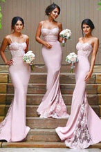 Load image into Gallery viewer, Stylish Mermaid Spaghetti Straps Satin Long Pink Bridesmaid Dresses with Lace Appliques RS267