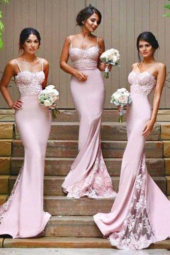 Stylish Mermaid Spaghetti Straps Satin Long Pink Bridesmaid Dresses with Lace Appliques RS267