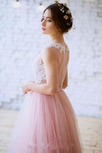 Load image into Gallery viewer, New Arrival Princess Scoop Neck Tulle with Appliques Lace Floor-length Pink Prom Dresses RS630