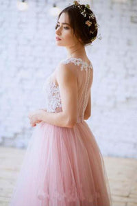 New Arrival Princess Scoop Neck Tulle with Appliques Lace Floor-length Pink Prom Dresses RS630