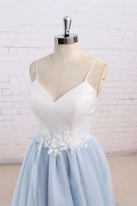 Simple A-Line Light Blue Sweetheart Spaghetti Straps Chic Blue Tulle Backless Prom Dresses RS187