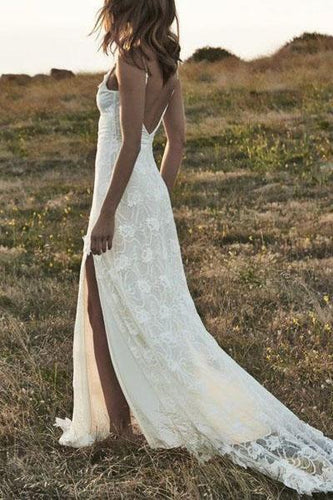 Boho Backless Front Split Romantic Off-the-Shoulder Ivory Lace Beach Bling Wedding Dress RS699