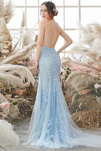Sky Blue Long Mermaid Lace Appliques Prom Dresses
