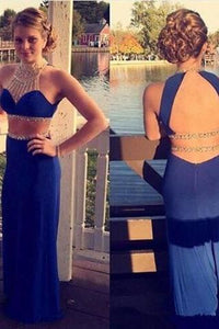Sexy Two Pieces Open Back Royal Blue Mermaid Halter High Neck Beading Long Prom Dress WG572