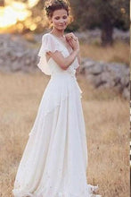 Load image into Gallery viewer, Elegant A-Line Ivory Flower Cap Sleeve V-Neck Chiffon Open Back Wedding Dresses RS376