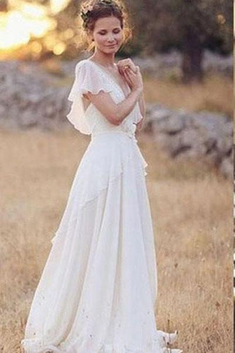 Elegant A-Line Ivory Flower Cap Sleeve V-Neck Chiffon Open Back Wedding Dresses RS376