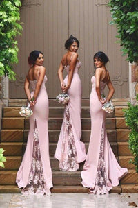New Arrival Pink Spaghetti Straps Lace High Quality Mermaid Long Bridesmaid Dresses RS417