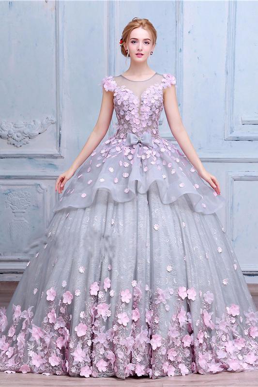 Scoop Ball Gown Gray Tulle Sleeveless Bowknot Empire Waist Wedding Dress with Pink Flowers RS576