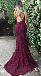 Amazing Lace Maroon V Neck Spaghetti Strap Long Lace Burgundy Prom Dresses RS578