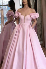 Load image into Gallery viewer, Pink Puffy Sleeves Satin Prom Dresses A Line Long Party Evening Dresses With Pockets