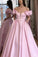 Pink Puffy Sleeves Satin Prom Dresses A Line Long Party Evening Dresses With Pockets