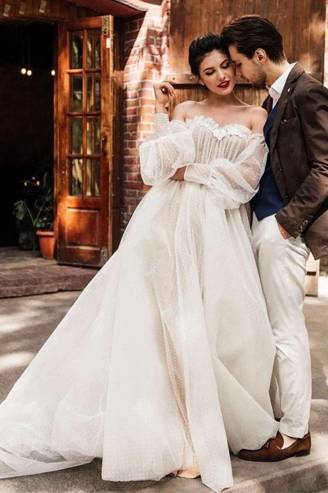 Ivory Tulle Off the Shoulder Bride Dress Simple Long Puffy Sleeves Wedding Gown