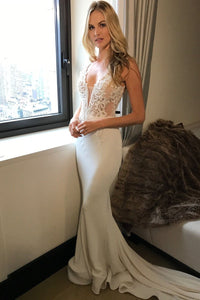2024 Long Princess Mermaid V-Neck Sleeveless Lace Sexy Ivory Wedding Dresses RS23