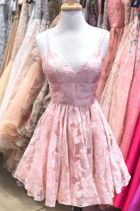 A Line Spaghetti Straps Pink Lace Appliques Jacquard V Neck Short Homecoming Dresses RS995
