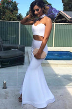 Load image into Gallery viewer, Sexy Two Piece Sweetheart Strapless Long White Satin Slit Mermaid Prom Dresses RS33