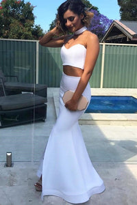 Sexy Two Piece Sweetheart Strapless Long White Satin Slit Mermaid Prom Dresses RS33