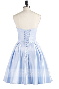 Light Sky Blue Strapless Satin Lace up Knee Length with Pockets Homecoming Dresses RS836