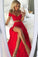 Sexy A Line Off the Shoulder Red Two Pieces V Neck Split Front Chiffon Prom Dresses RS741