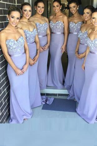 Sexy Sheath Sweetheart Strapless Lace Satin Purple Long Sleeveless Bridesmaid Dresses RS55