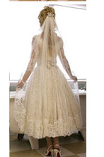 Load image into Gallery viewer, Vantage A Line V-Neck Long Sleeve Tea Length White Lace Princess Wedding Dresses RS668