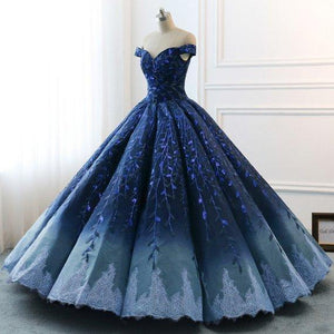 Ball Gown Navy Blue Lace Applique Ombre Off the Shoulder Princess Quinceanera Dresse RS269