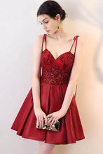 Load image into Gallery viewer, A Line Burgundy V Neck Lace Spaghetti Straps Short Prom Dresses Homecoming Dresses RS966